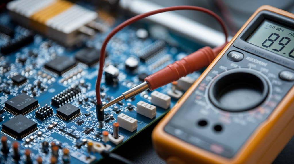 Close-up of a multimeter displaying voltage reading with probes connected to a circuit.