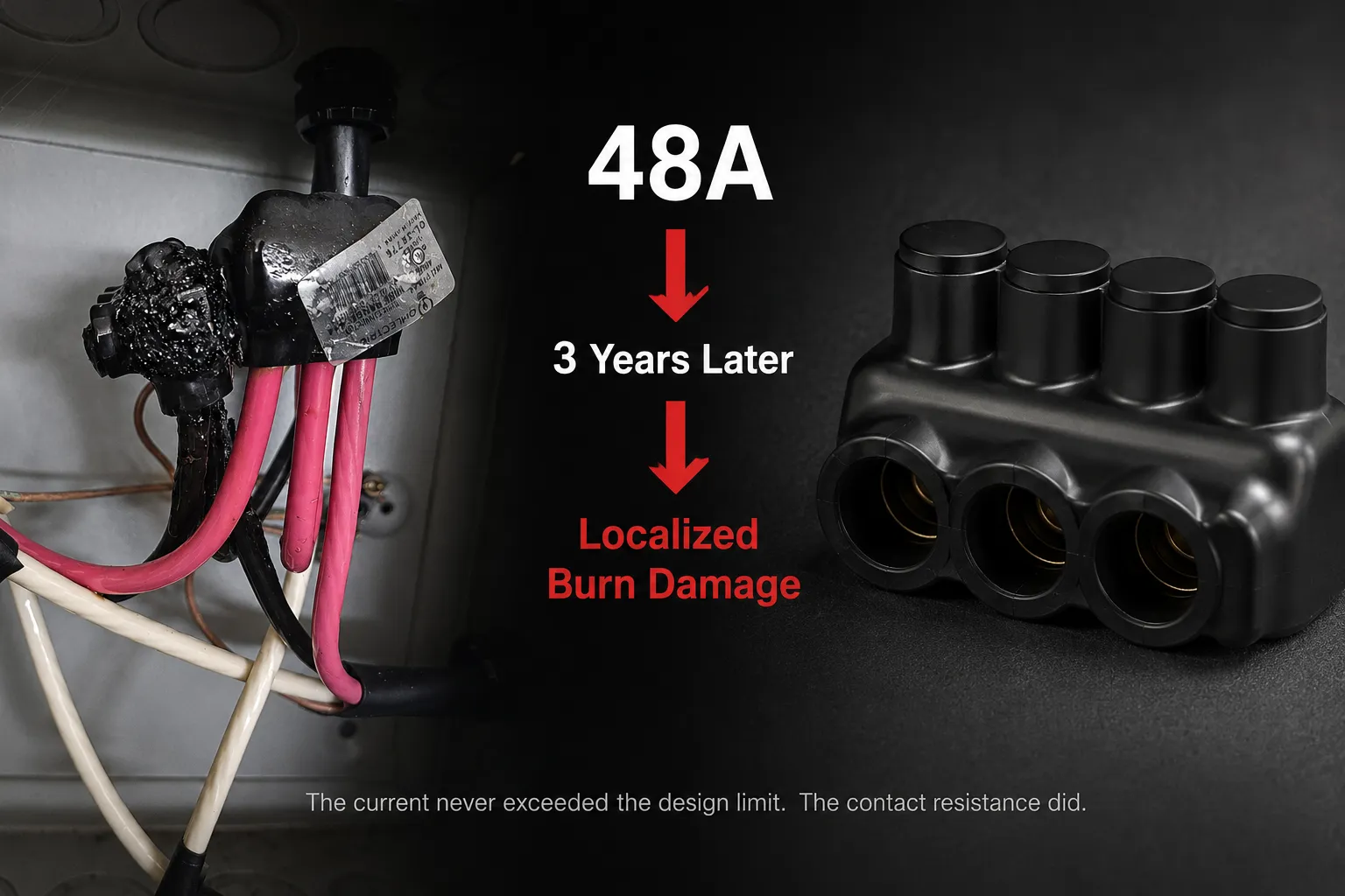 Contact resistance vs current rating analysis showing a burned high-current connector and normal electrical connection comparison